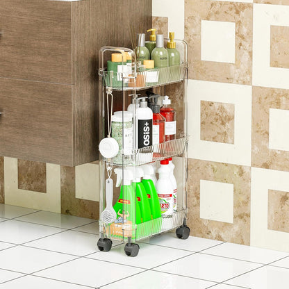3 Tier Slim Rolling Storage Cart with Wheels for Small Space,Clear Modern Design Slim Utility Cart Suitable as Bathroom Cart Organizer Shelf,Skinny Bathroom Storage Rack,Narrow Laundry Cart on Wheels