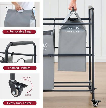 Tajsoon 4 Bag Laundry Sorter Cart, 4 Section Laundry Hamper Sorter with Heavy Duty Lockable Rolling Wheels, Laundry Separator Hamper with Removable Bags for Dirty Clothes Storage, Black