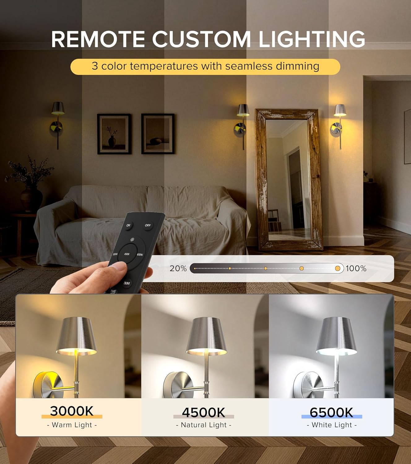 UME Wireless Sconces Set of 2 with Remote, 5200mAh Battery Powered Sconces - Small Rechargeable Sconces w/ 3 Color Temps & 5 Brightness Levels for Bedroom, Living Room, Wall Painting, Cafe (Black)