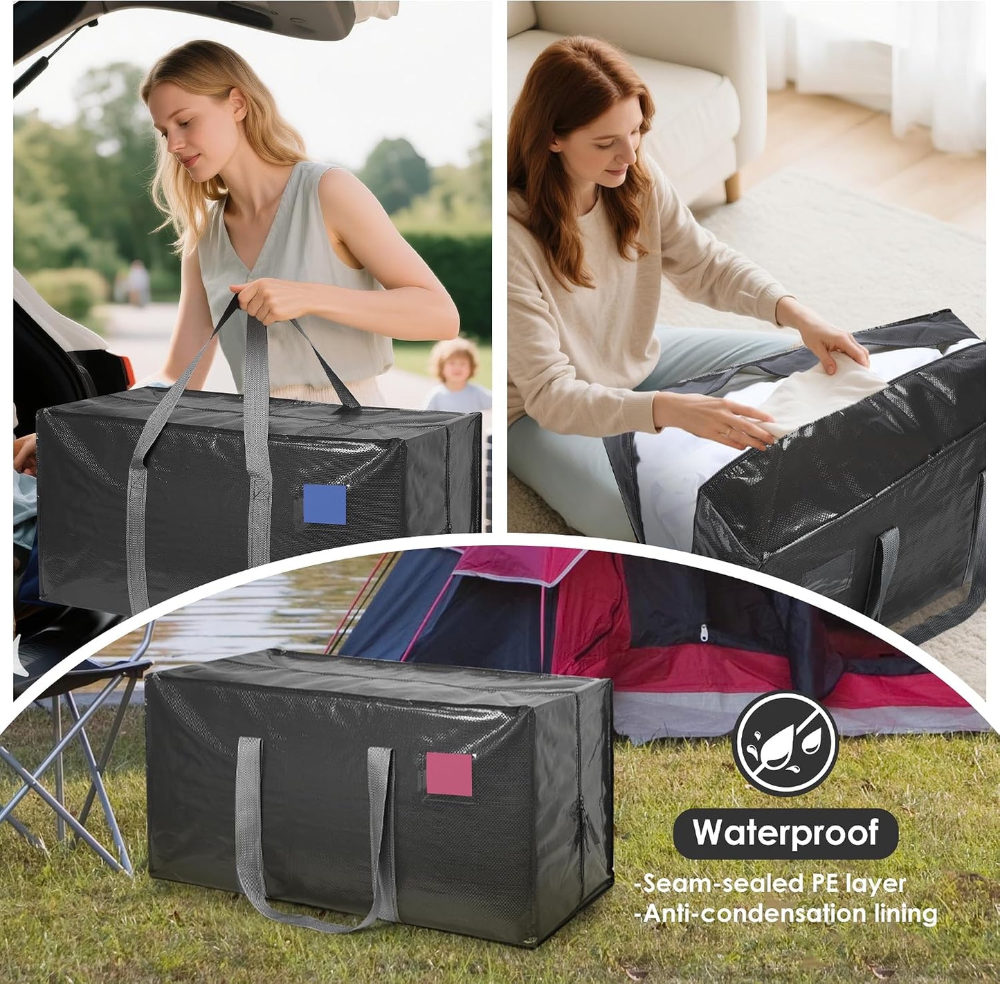 6 Pack Moving Bags Heavy Duty 210GSM with Full-Open Side Zipper, 93L 220lbs Waterproof Foldable Storage Totes for College Dorm Move-In, Moving Boxes Alternative & Home Organization, Blue