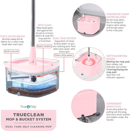 True & Tidy True Clean Spin Mop & Bucket System – Dual Compartment Design for Clean & Dirty Water, 360° Swivel Mop Head, Built-in Scrubbing Brush, Stainless Steel Handle & 2 Reusable Microfiber Pads