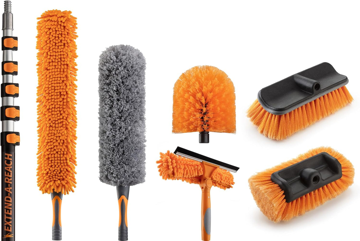 20 Foot High Ceiling Duster Kit and Scrub Brush with 4-12 ft Extension Pole // Telescoping Duster, Window Squeegee and Cobweb Duster with Extension Pole // Interior and Exterior House Cleaning Brushes