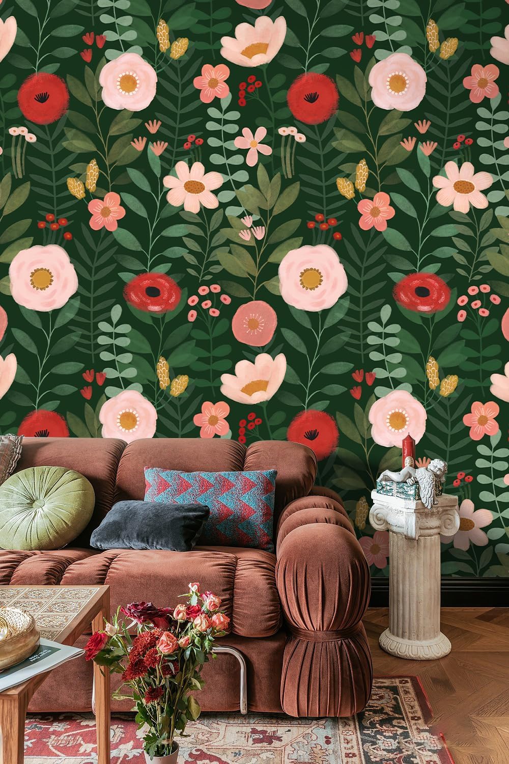 HAOKHOME Floral Peel and Stick Wallpaper Boho Vintage Wall Paper Removable for Bathroom Nursery Beige/Pink/Red Contact Paper 17.3in x 9.8ft
