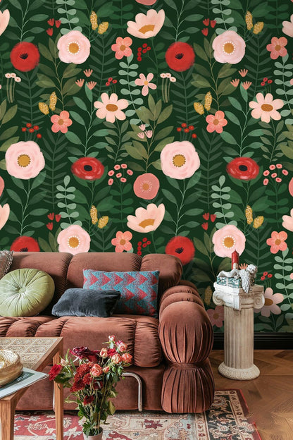 HAOKHOME Floral Peel and Stick Wallpaper Boho Vintage Wall Paper Removable for Bathroom Nursery Beige/Pink/Red Contact Paper 17.3in x 9.8ft