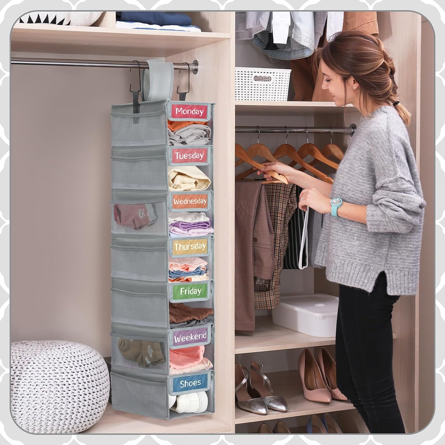 2 Pack 7 Shelf Weekly Clothes Organizer Hanging Closet for Kids with Side Pockets Weekday Shoes Rack Weekly Clothes Organizers Monday Through Weekend Foldable Storage Shelves(Black)