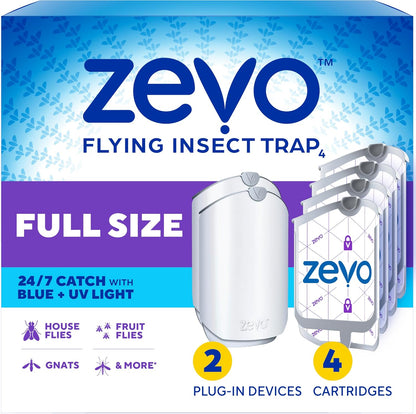 Zevo Flying Insect Traps - Plug-in Indoor Fly Trap and Bug Light Trap Refill with Blue and UV Light - No-Mess Cartridge for House Flies, Fruit Fly Trap and Gnats (2 Plug-in Bases and 2 Cartridges)