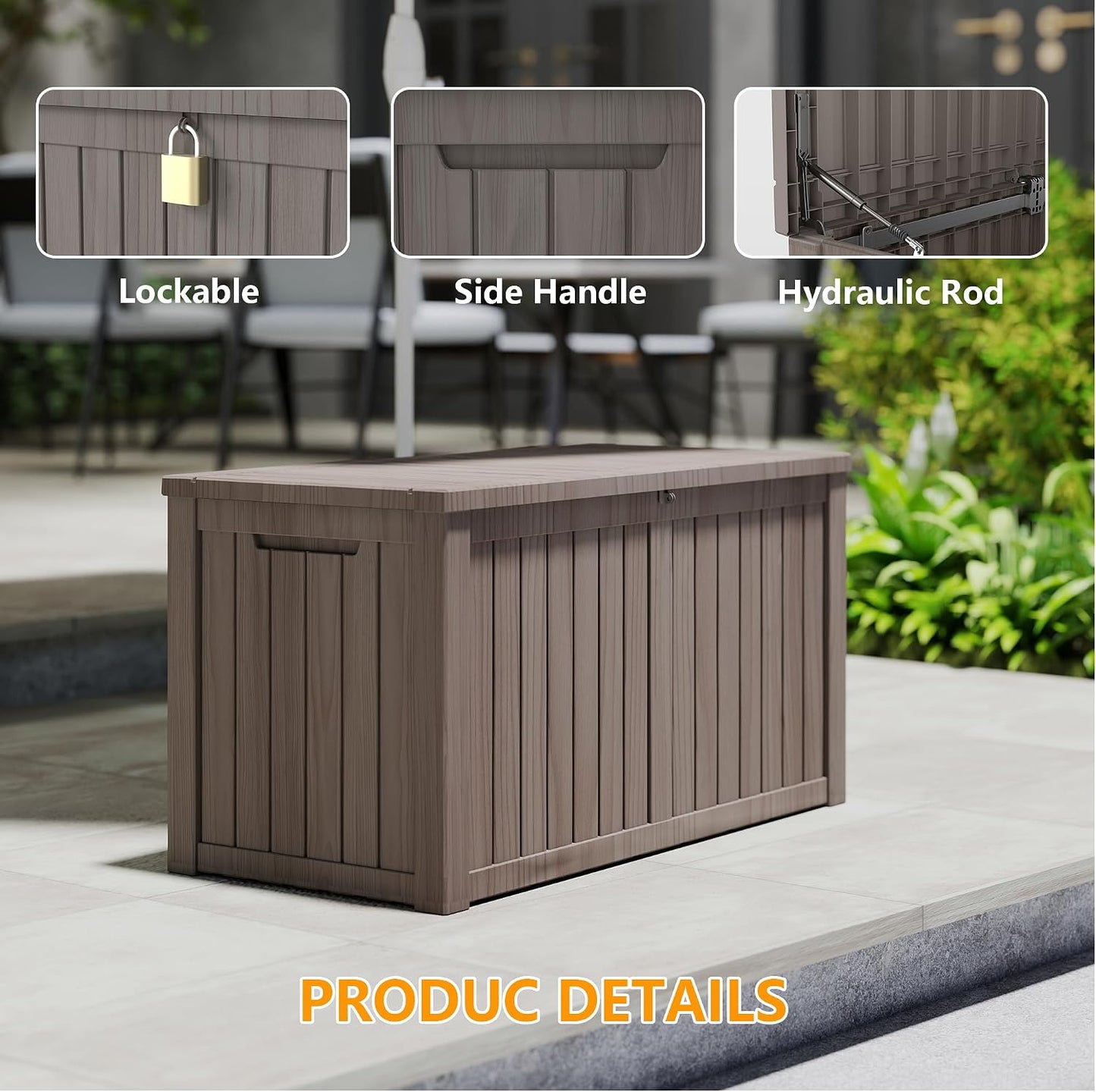 200 Gallon Deck Boxes Outdoor Waterproof, Outdoor Storage Box with Lockable Lid & UV-Resistant for Patio Furniture, Outdoor Cushions, Garden Tools and Pool Supplies, Light Brown