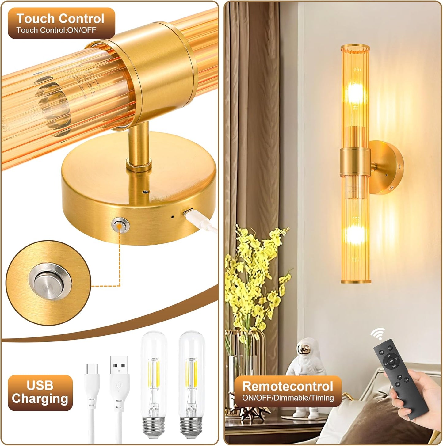 Morauroral Gold Battery Operated Wall Sconces Set of Two, Rechargeable Wall Sconce with Dimmable Remote Control, 20 Inch Wireless Sconce Wall Light for Bedroom, Living Room (Bulbs Included)