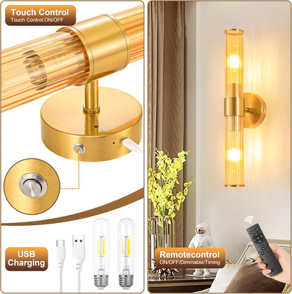 Morauroral Gold Battery Operated Wall Sconces Set of Two, Rechargeable Wall Sconce with Dimmable Remote Control, 20 Inch Wireless Sconce Wall Light for Bedroom, Living Room (Bulbs Included)