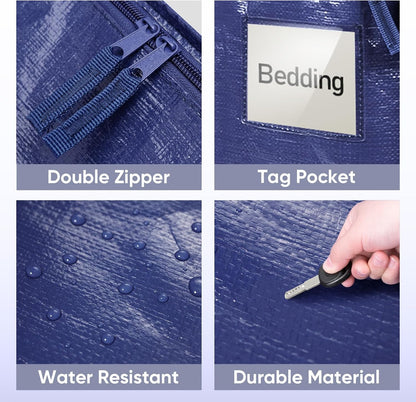 TICONN 4 Pack Extra Large Moving Bags Heavy Duty with Zippers & Carrying Handles, Durable Storage Bags Moving Boxes for Closet Organizers and Storage (4 Pack, Blue)