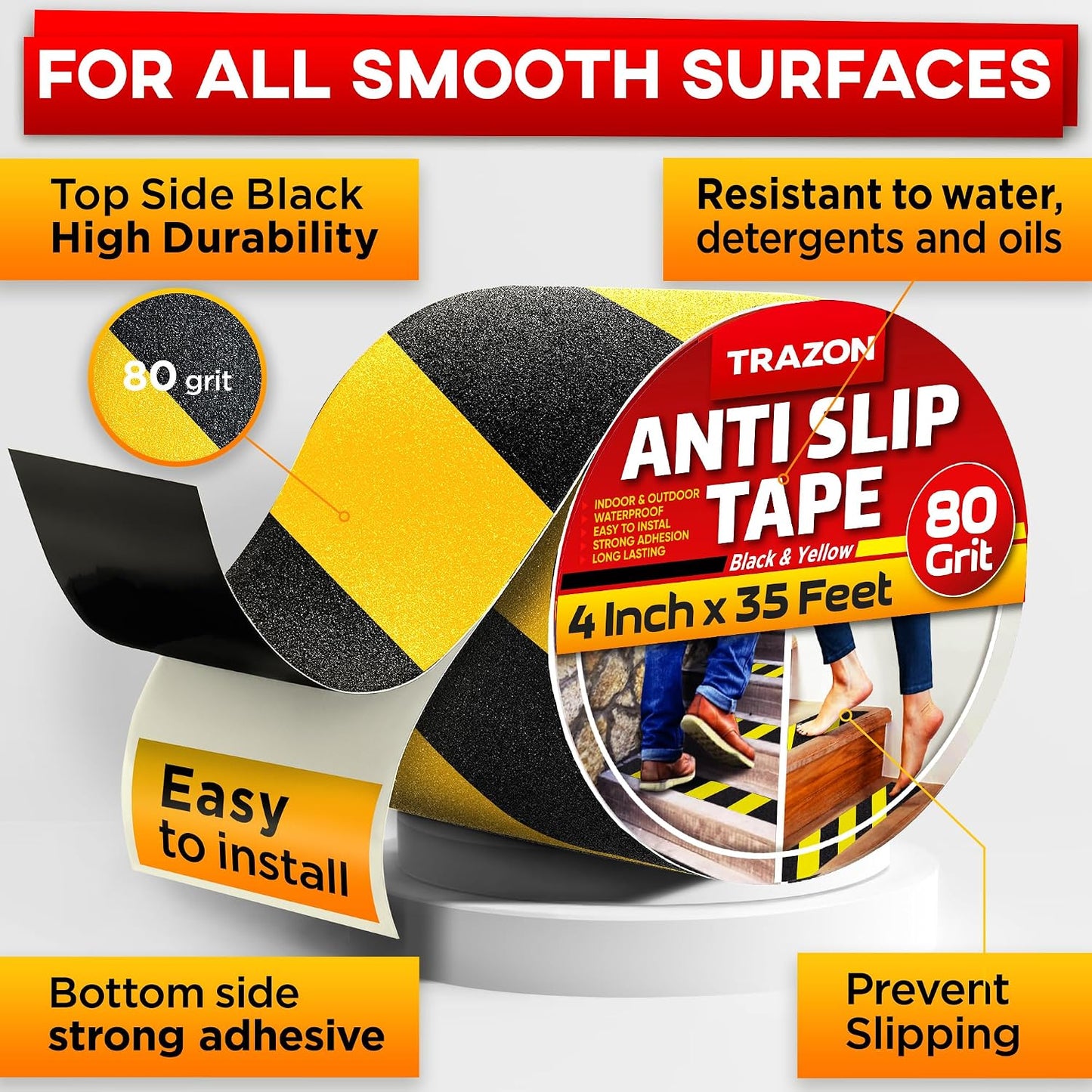 Grip Tape - Heavy Duty Anti Slip Tape for Stairs Outdoor/Indoor Waterproof 4Inch x 35Ft Safety Non Skid Roll for Stair Steps Ramp Traction Tread Staircases Grips Adhesive Non Slip Strips Walk Black