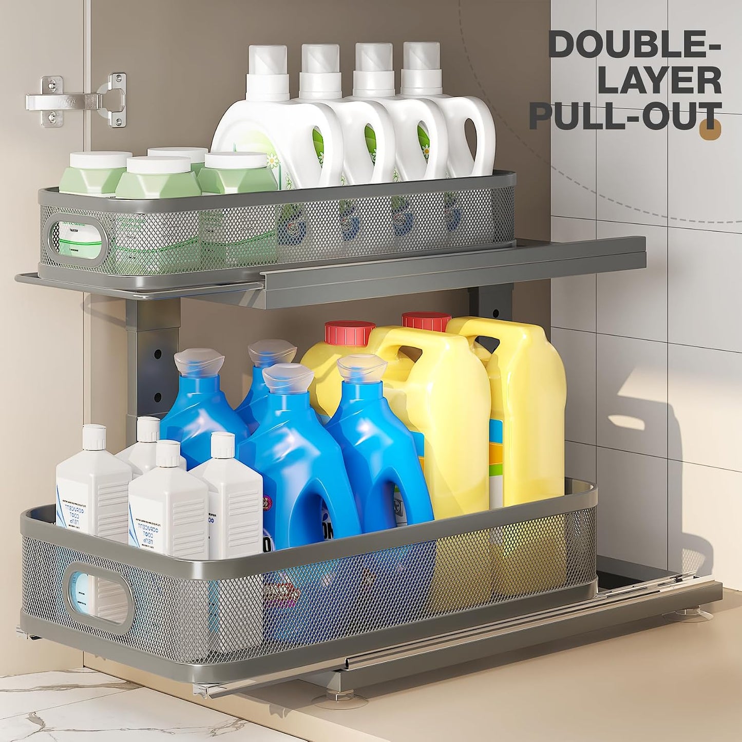 2 Pack 18.5IN-Depth Under Sink Organizer With Next-Gen Ball-Bearing Slides,2-Tier Precision Mesh Pull Out Cabinet Storage for Bathroom&Kitchen,Height Adjustable Drawers Shelf,Anti-rust-White