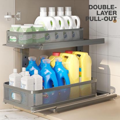 2 Pack 18.5IN-Depth Under Sink Organizer With Next-Gen Ball-Bearing Slides,2-Tier Precision Mesh Pull Out Cabinet Storage for Bathroom&Kitchen,Height Adjustable Drawers Shelf,Anti-rust-White