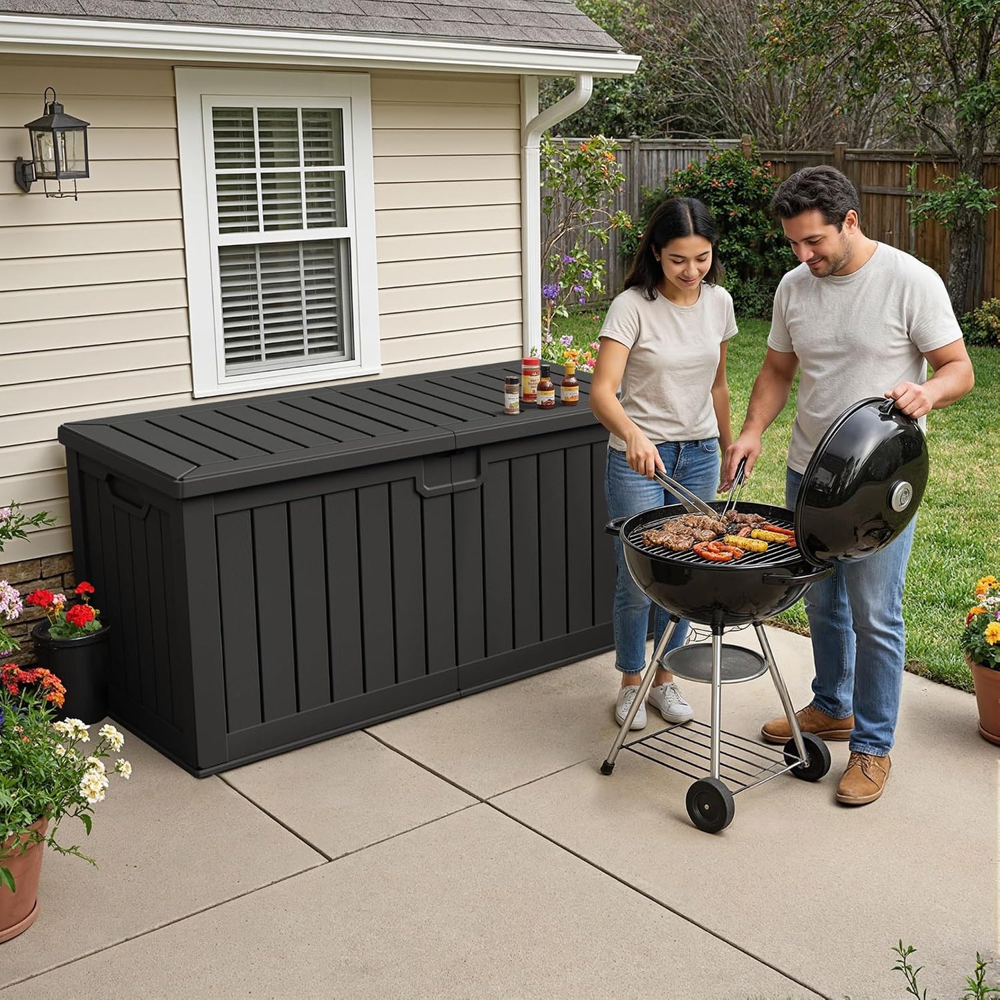 32 Gallon Deck Box Outdoor Indoor Waterproof Storage Box for Patio Furniture, Pool Accessories, Garden Tools, and Cushion Storage, Black
