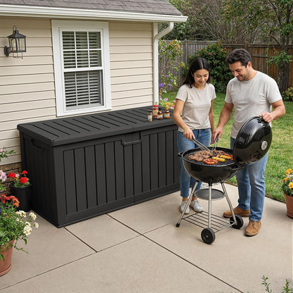 32 Gallon Deck Box Outdoor Indoor Waterproof Storage Box for Patio Furniture, Pool Accessories, Garden Tools, and Cushion Storage, Black