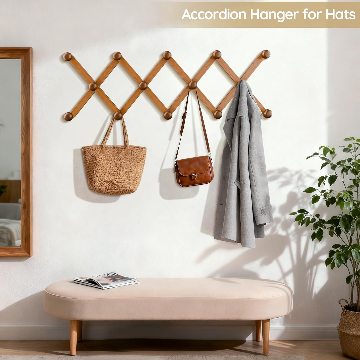 WGFKVAS 2 Pack Accordion Hat Rack for Wall - Expandable Coat Rack & Wall Mounted Hat Holder - Wooden Wall Hanger with 10 Peg Hooks for Coats, Baseball Caps, Keys & Mugs