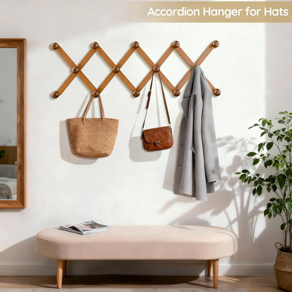 WGFKVAS 2 Pack Accordion Hat Rack for Wall - Expandable Coat Rack & Wall Mounted Hat Holder - Wooden Wall Hanger with 10 Peg Hooks for Coats, Baseball Caps, Keys & Mugs