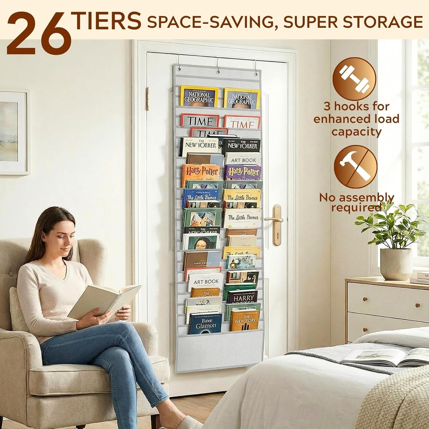 26-Pocket Over The Door File Organizer - Vertical Hanging Storage for Magazines, Documents & Paper, Heavy-Duty Door Organizer for Office, Classroom & Home