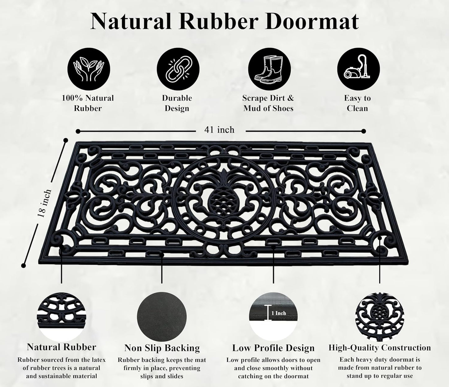 A1HC Outdoor Doormat, Natural Rubber, 18" x48”, Ideal for Outside entryway,Dirt Shoe Scraper,Heavy Duty Door mat for Indoor Outdoor,Rug Mats for Entry,Patio, Welcome Mats