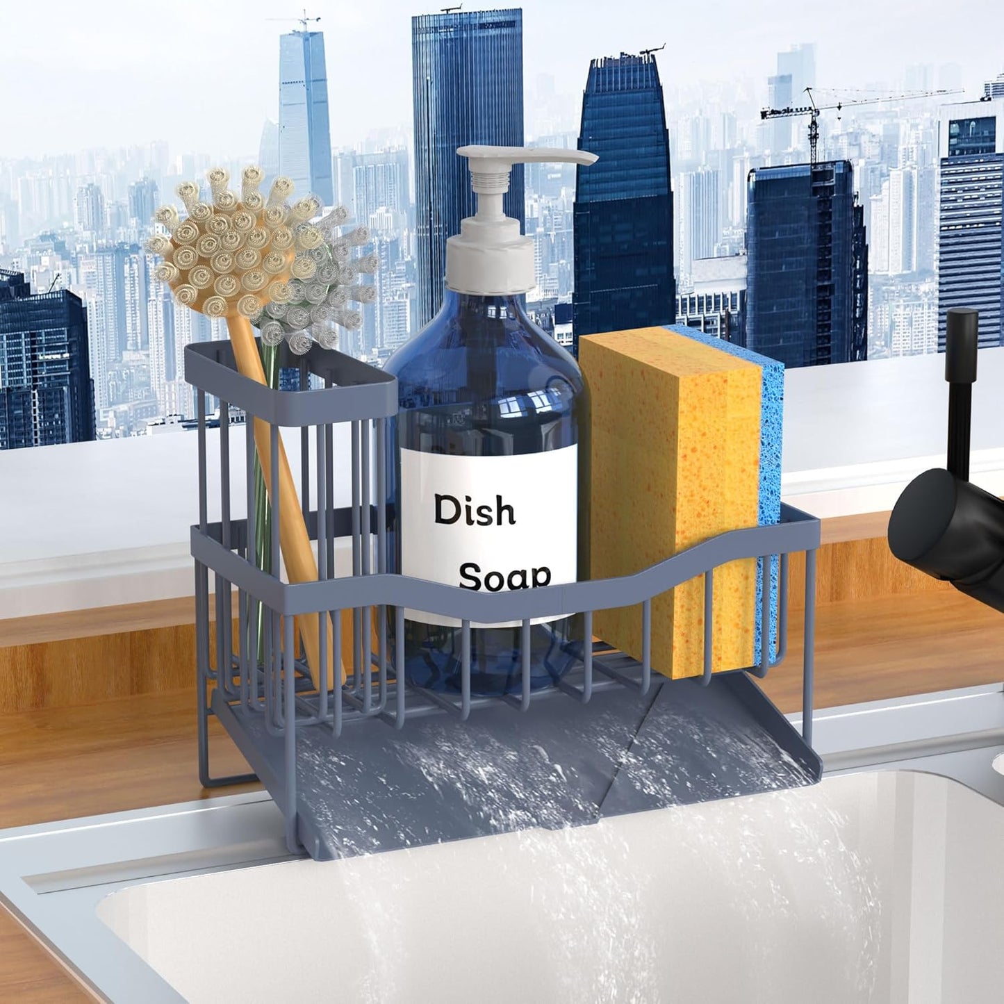 Maifan Sink Caddy Sponge Holder for Kitchen with Brush Holder and Stainless Steel Self Drain Tray, Rustproof Kitchen Sink Organizer for Sponge, Soap Dispenser Storage Accessories (Lacquer Silver)