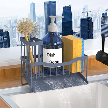 Maifan Sink Caddy Sponge Holder for Kitchen with Brush Holder and Stainless Steel Self Drain Tray, Rustproof Kitchen Sink Organizer for Sponge, Soap Dispenser Storage Accessories (Lacquer Silver)