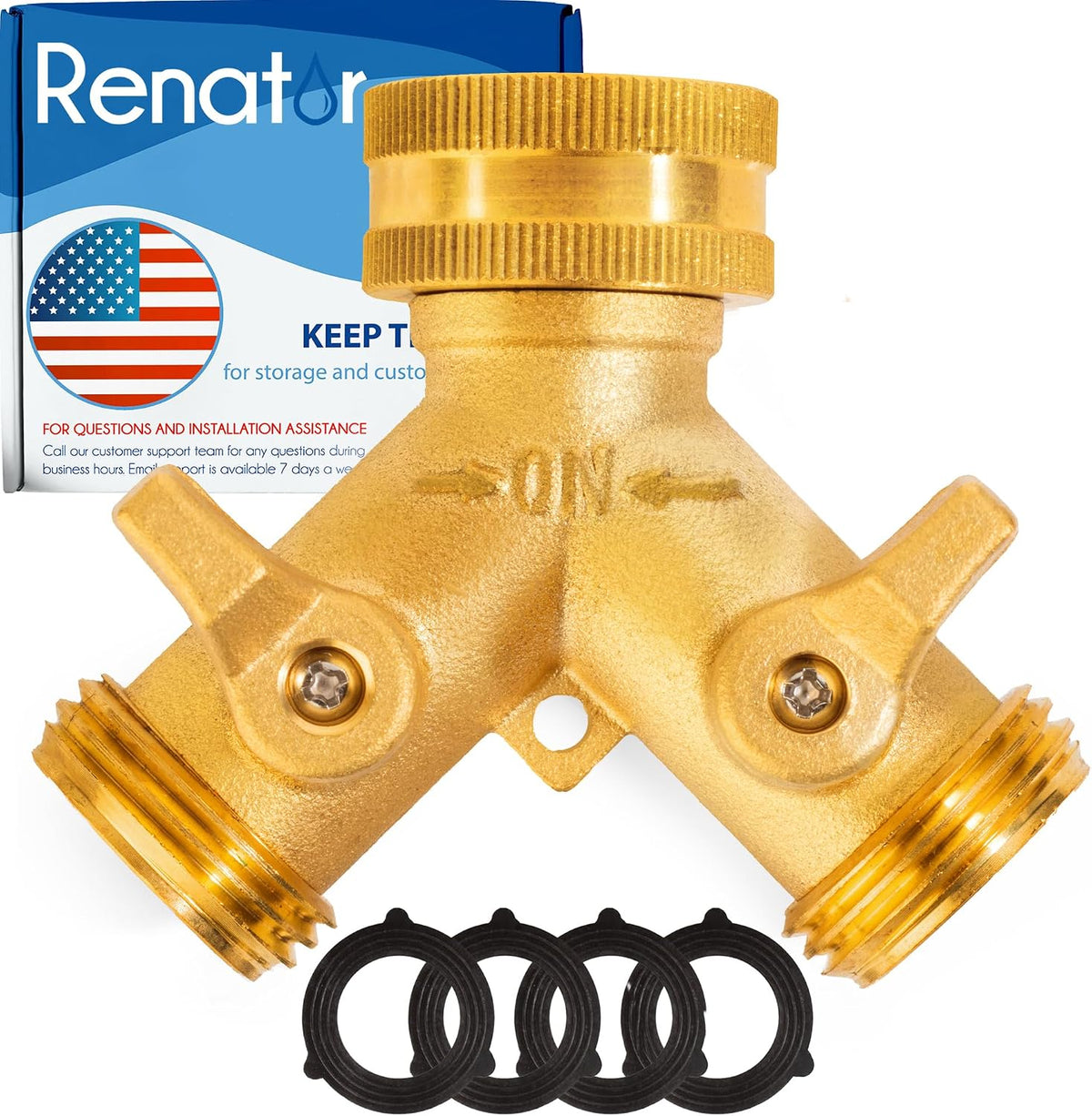 Renator Garden Hose Splitter, 2 Way Heavy Duty Brass Water Hose Splitter Lead-free Compliant, Faucet Spigot Y Splitter for outdoor use Double Valve Adapter Plus 2 Rubber Washers & Tape
