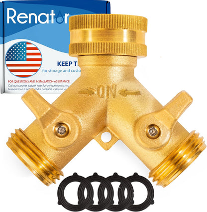 Renator Garden Hose Splitter, 2 Way Heavy Duty Brass Water Hose Splitter Lead-free Compliant, Faucet Spigot Y Splitter for outdoor use Double Valve Adapter Plus 2 Rubber Washers & Tape