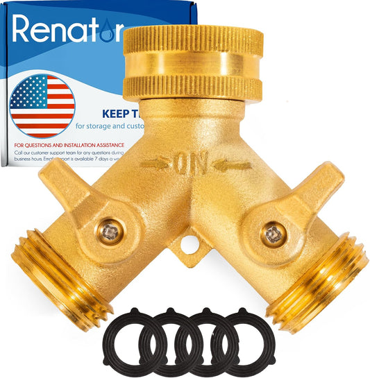 Renator Garden Hose Splitter, 2 Way Heavy Duty Brass Water Hose Splitter Lead-free Compliant, Faucet Spigot Y Splitter for outdoor use Double Valve Adapter Plus 2 Rubber Washers & Tape