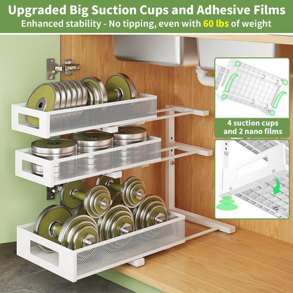 3-Tier Under Sink Organizer,2 Pack Height Adjustable Pull Out Cabinet Organizer Shelf, Thickened Metal Slide out Storage Drawer Rack for Bathroom Laundry Room Kitchen Pantry Organization (White)