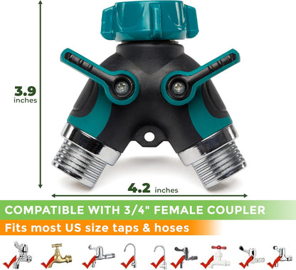 CARPATHEN Brass Hose Splitter 2 Way Heavy Duty - Solid Brass Garden Hose Splitter, Y Valve Water Connector with Long Handles, Full Flow 3/4 Inch GHT Thread for Outdoor Faucet and Spigot, Leak-Proof