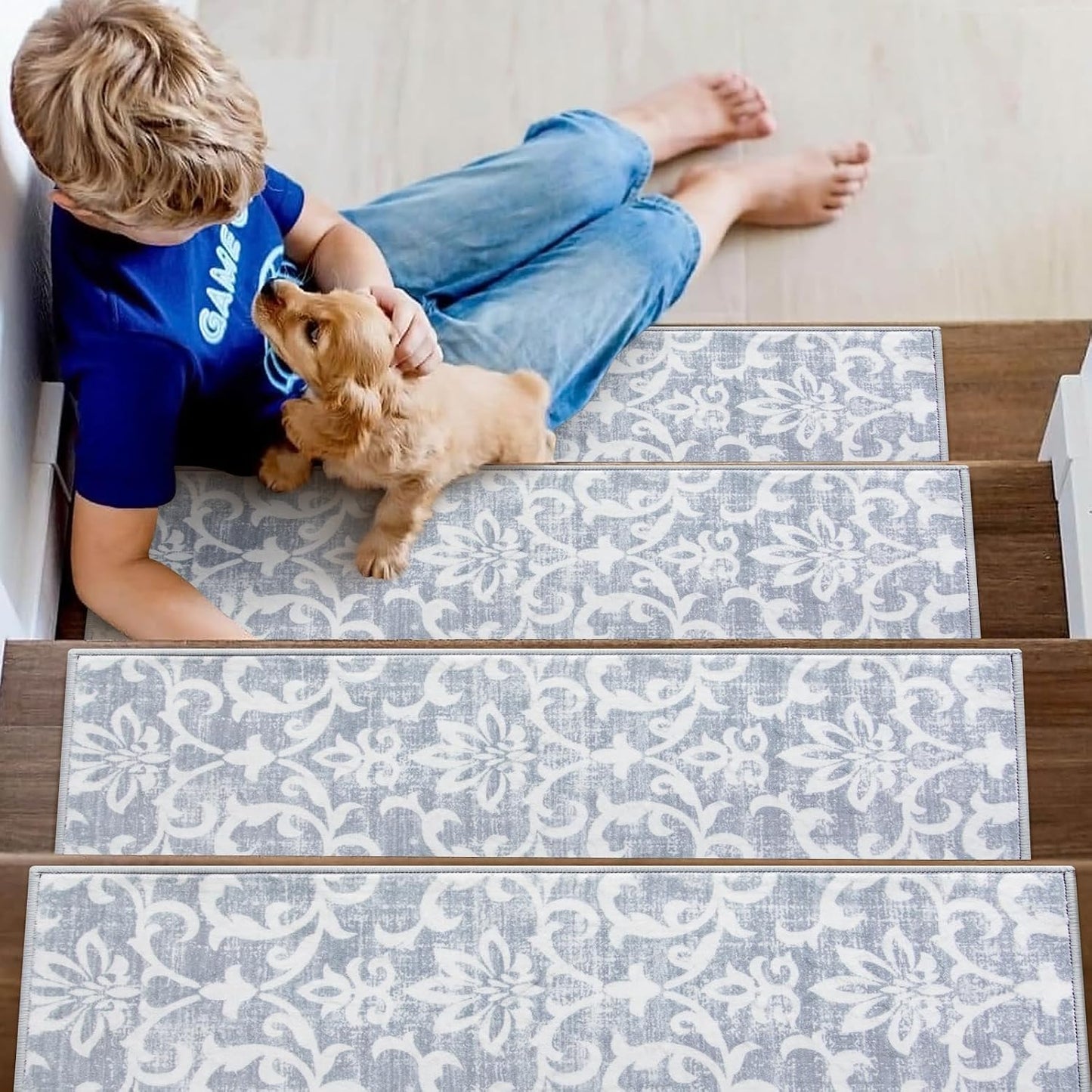 Lahome Carpet Stair Treads Non Slip Backing, 15 Pack 8" X 30" Stair Treads for Wooden Steps Indoor, Soft Washable Stairway Stair Runners Oriental Staircase Rugs for Kids Pets Elders(15pc, Grey)