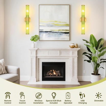 Morauroral Gold Battery Operated Wall Sconces Set of Two, Rechargeable Wall Sconce with Dimmable Remote Control, 20 Inch Wireless Sconce Wall Light for Bedroom, Living Room (Bulbs Included)