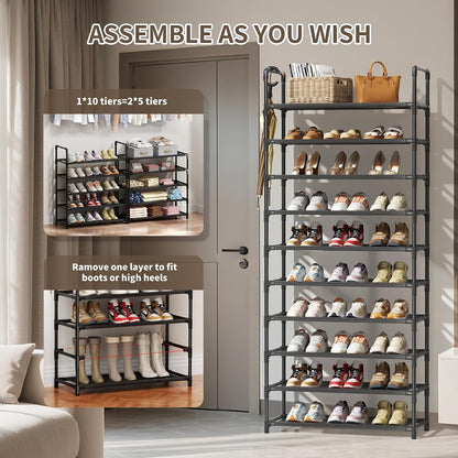 Shoe Rack, 10 Tier Shoe Storage Organizer with Hooks,Fit 40-45 Pairs Shoes,Metal Tall Shoe Shelf for Closet,Entryway, Hallway,Garage,Bedroom,Cloakroom