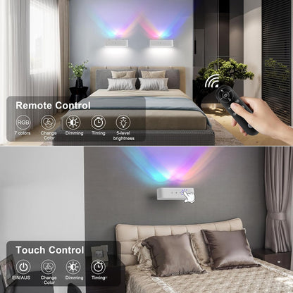 Wall Scones, Rechargeable Wall Sconces Set of 2 with Touch Remote Control RGB 4400mAh Battery Operated Wireless Cordless, Adhesive Wall Light for Bedroom Indoor