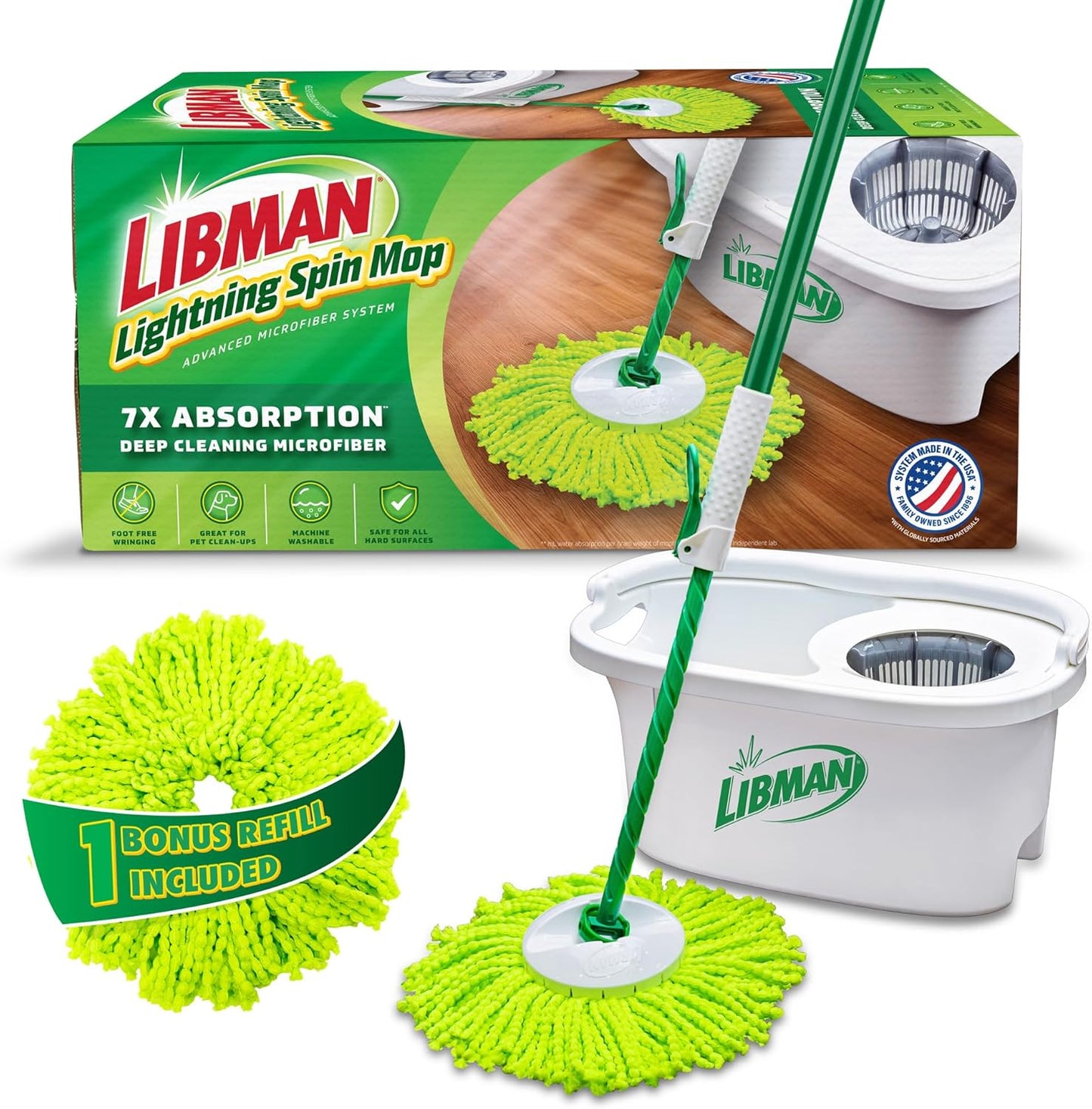 Libman Lightning Spin Mop System | Mop and Bucket with Wringer Set | Spin Mop | Mops for Floor Cleaning | Hardwood Floor Mop | 1 Total Mop Head Included