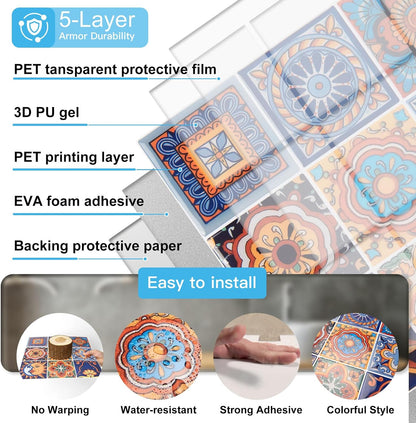 Art3d Talavera Hand-painted Waterproof Peel and Stick Backsplash Tile for Kitchen & Living Room, Sun & Moon Floral Design - 10-Pack of 12 x 12 Inch