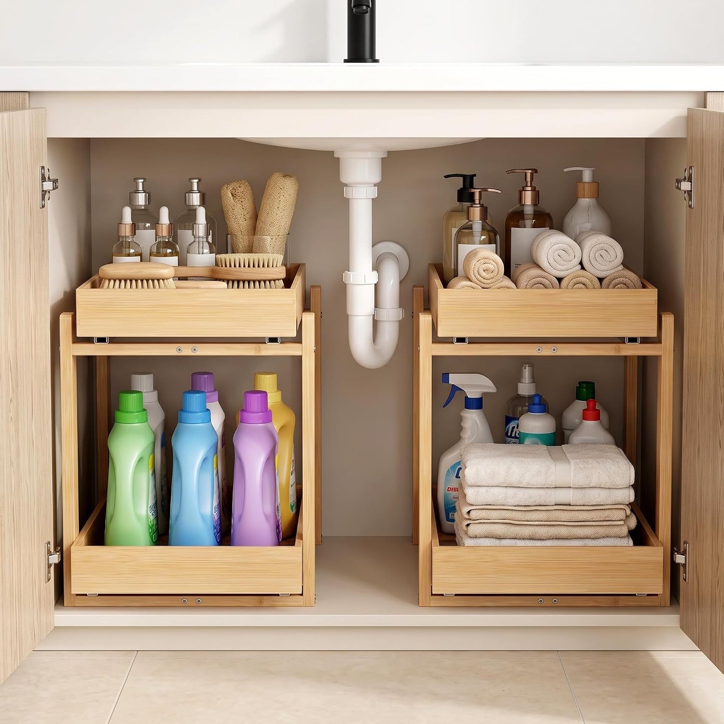 Bamboo Under Sink Organizer and Storage, 2 Pack Pull Out Cabinet Organization, 2 Tier Vertical Slide Out Undersink Storage Shelf, Multi-Purpose Organizer Shelves for Kitchen Bathroom Medicine