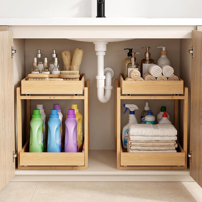 Bamboo Under Sink Organizer and Storage, 2 Pack Pull Out Cabinet Organization, 2 Tier Vertical Slide Out Undersink Storage Shelf, Multi-Purpose Organizer Shelves for Kitchen Bathroom Medicine