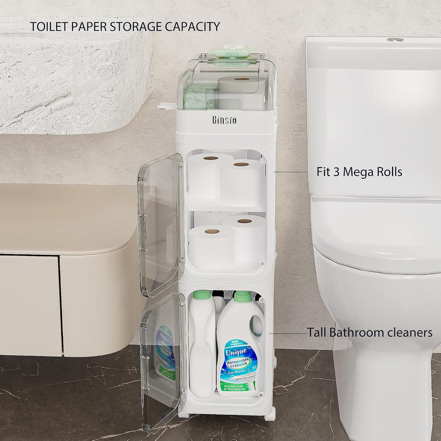 BINSIO 3-Tier Slim Bathroom Storage Cabinet for Toilet Side, Toilet Paper Storage Organizer, Narrow Rolling Bathroom Storage Cabinet with Transparent Doors for Small Space, Foldable Easy Assembly