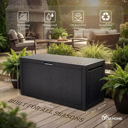 YITAHOME 100 Gallon Large Outdoor Deck Box | Waterproof Resin Storage Box, Lockable Indoor Outdoor Storage Container for Patio Furniture Cushions, Pool Accessories