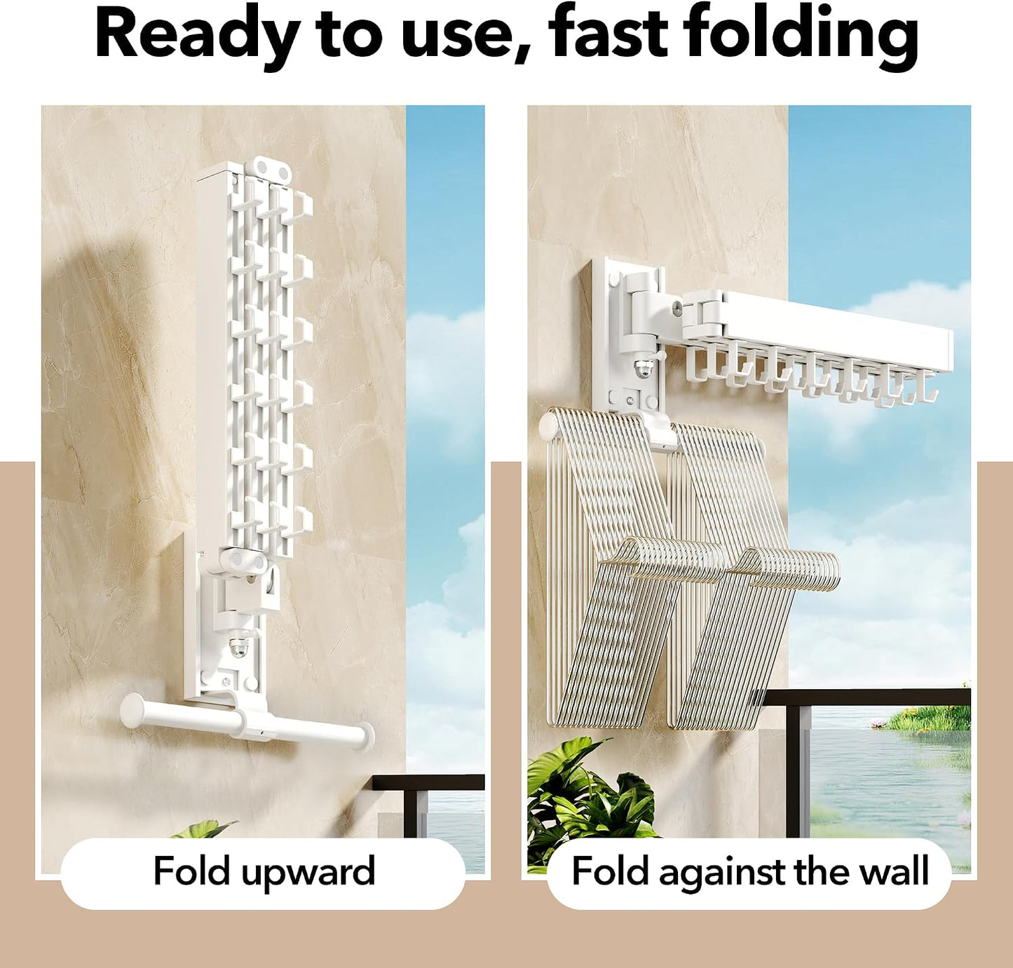 HEILAIYI Clothes Drying Rack for Laundry,Wall Mounted Clothes Hanger Rack,Folding,Retractable,Collapsible(J Shape Hooks)