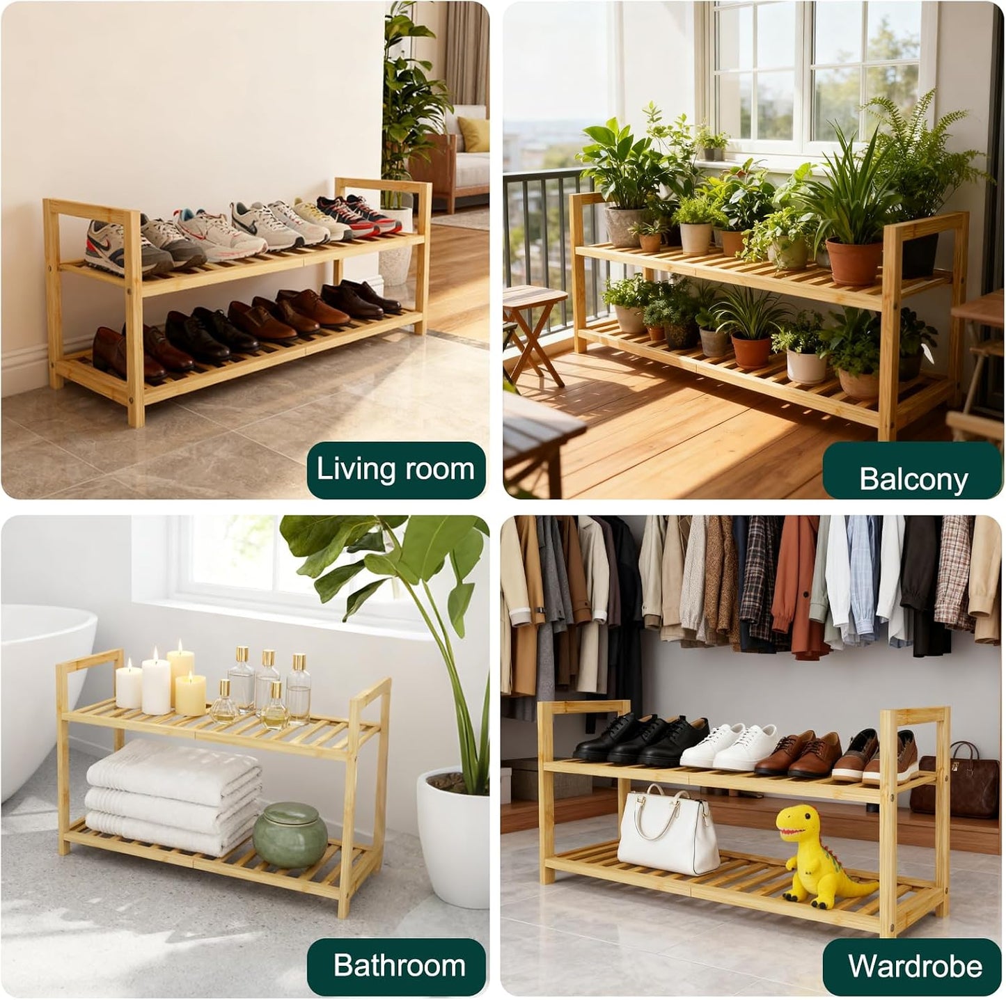 4 Tier Bamboo Wooden Shoe Rack for Closet & Entryway, Free Standing Shoe Rack Stand Organizer Shelf for Garage, Bedroom, Small Space Storage, Stackable