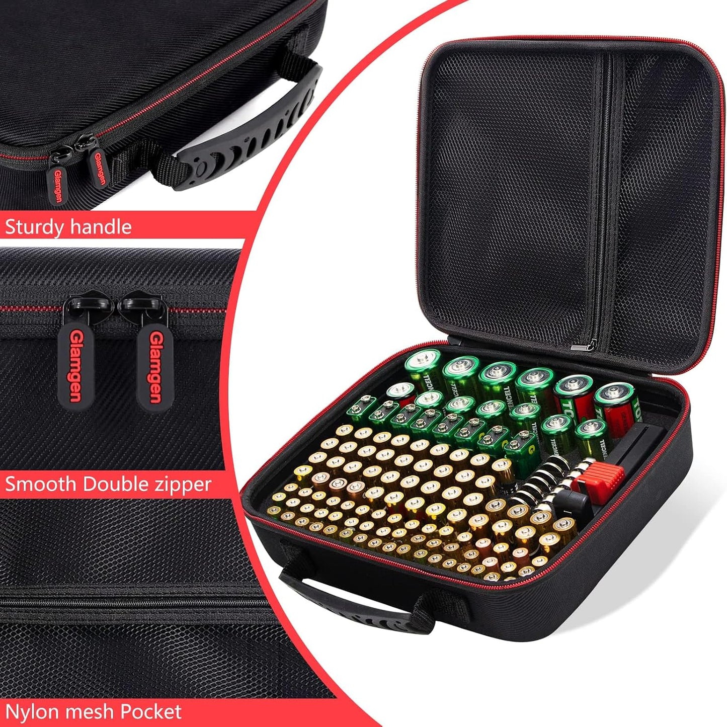 Glamgen Battery case organizer with Tester (BT168), Battery Storage case Holds 126 Batteries Various Sizes AAA AA C D 9V Lithium 3V, Batteries Holder Organizer