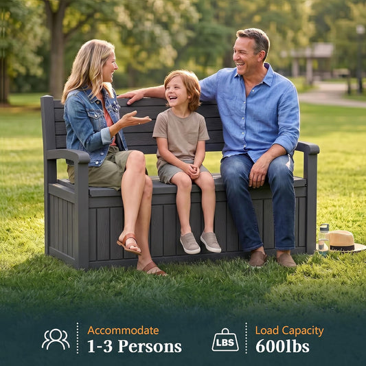 Outdoor Bench, Waterproof Garden Bench with Storage, 100 Gallon Lockable Resin Deck Box, Weatherproof Bench Seating for Patio Yard Cushions Tools, Black