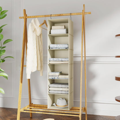 Hanging Closet Organizer 3-Shelf, Oxford Fabric Wardrobe Storage, Gray | Easy-mount foldable design holds clothes, handbags, shoes & accessories; washable Oxford fabric, sturdy and space-saving.