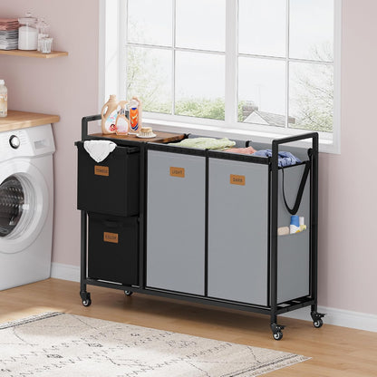 Hoctieon 4 Section Laundry Cart, 48 Gal. (182L) Laundry Hamper with Lid, Laundry Basket with Wheels, Rolling Laundry Sorter Organizer with Shelf, Clothes Separator with Removable Bags, Black