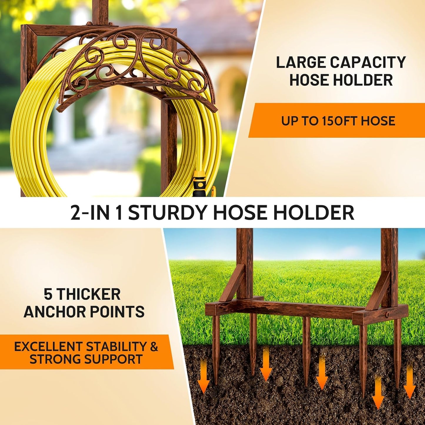 Garden Hose Holder for Outside - Upgraded Water Hose Holders with 5 Spikes & 2 Shepherds Hooks, Freestanding Hose Stand Heavy Duty Hose Hanger Hose Storage Hose Reel Rack for Outside Yard Lawn