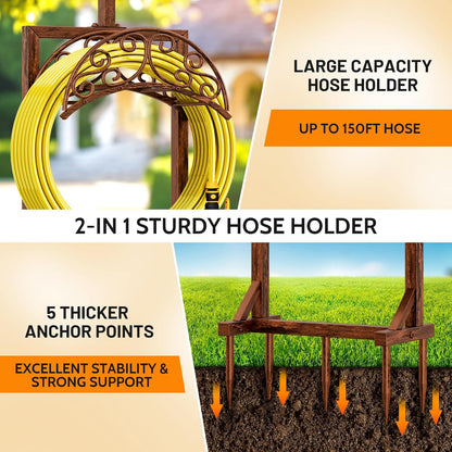 Garden Hose Holder for Outside - Upgraded Water Hose Holders with 5 Spikes & 2 Shepherds Hooks, Freestanding Hose Stand Heavy Duty Hose Hanger Hose Storage Hose Reel Rack for Outside Yard Lawn