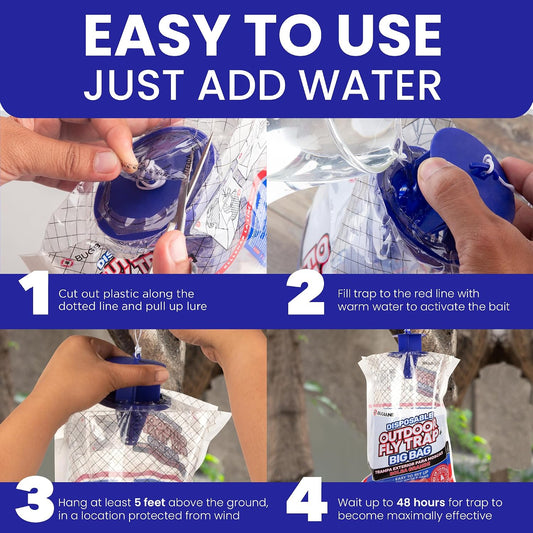 Fly Traps Outdoor Fly Trap for Patio. 4 Large Non-Toxic Pre-Baited Flies Bags Outdoor Disposable. Big Hanging Bug Catchers for All Filth Flies Killer for Outside Bug Control in Yard Horse Ranch.