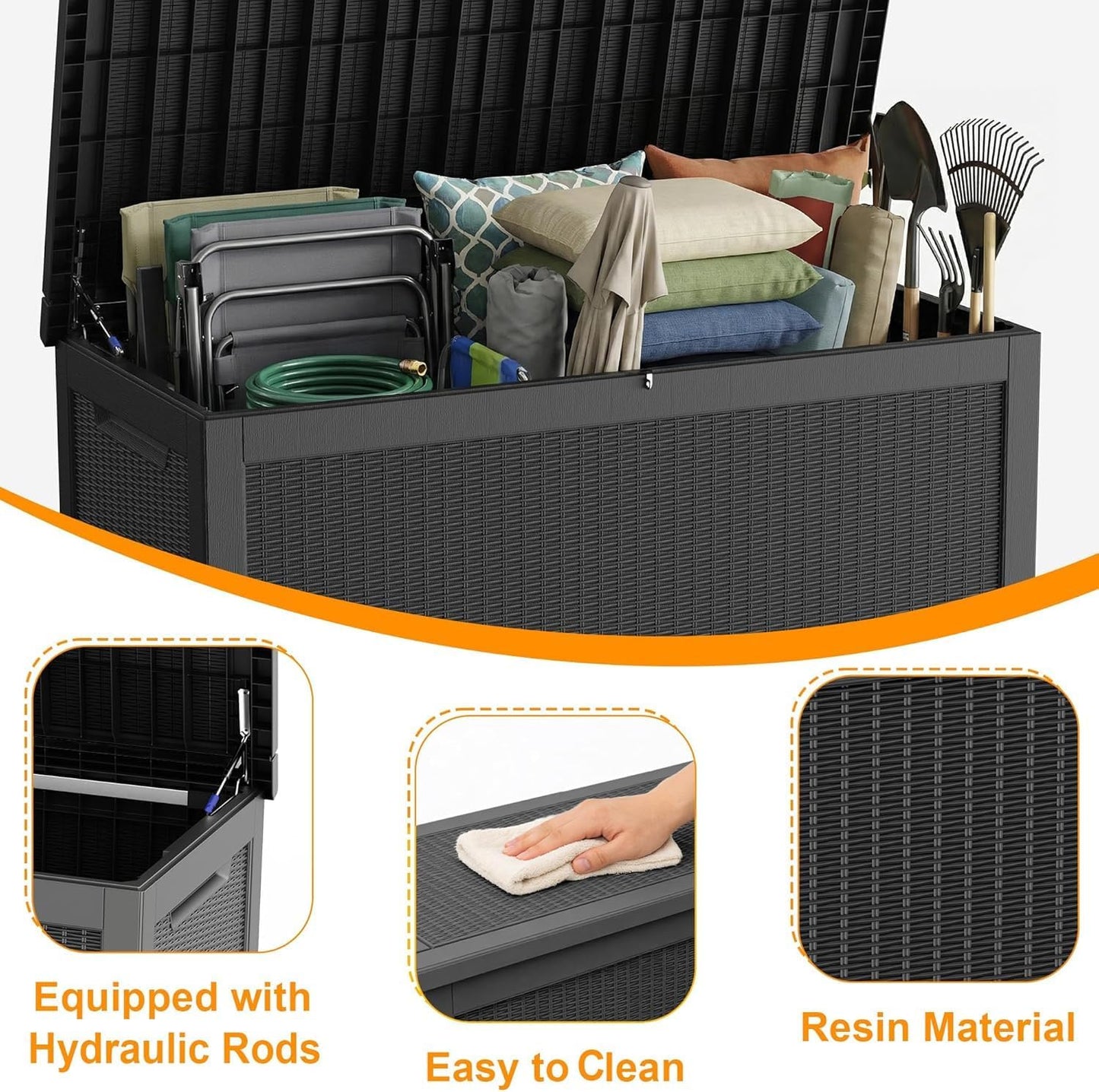ROJIK 340 Gallon Deck Box Outdoor Waterproof,Weatherproof Outdoor Storage Boxes Lockable with Lid,Outside Resin Storage Bench for Patio Cushions,Garden Tools and Pool Accessories(Black)